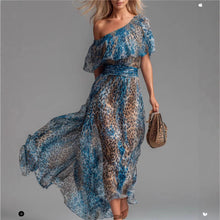 Leopard Print Chiffon Dress with Asymmetrical Shoulder, Ruffle, Waist Cinching, Vacation Long Dress