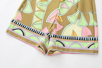 Summer New Fashion Retro Style Printed High Waist Slim Green Shorts Women