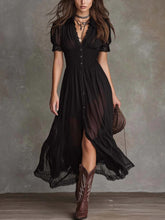 Cropped V-Neck Shirt Dress with Ruffled Hem and Side Slit, Dark Chic Style, Body-Con Fit, Long Skirt