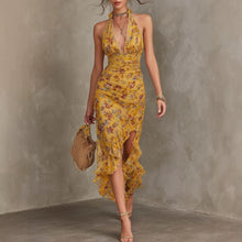 French Vintage Yellow Floral Halter Neck Dress.