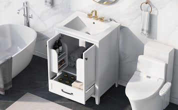 24 Inch White Bathroom Vanity with Ceramic Sink – 1 Drawer & Double Door Cabinet