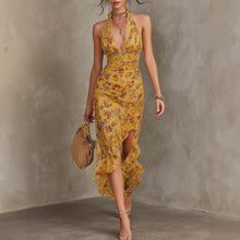 French Vintage Yellow Floral Halter Neck Dress.