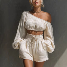 Shoulder long sleeved short top+high waisted casual shorts set.