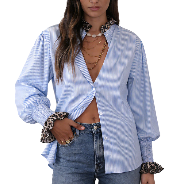 Women’s Leopard Print Lace Trim Striped Shirt – Casual Long Sleeve Cotton Blouse