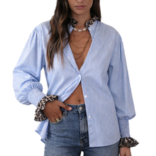 Women’s Leopard Print Lace Trim Striped Shirt – Casual Long Sleeve Cotton Blouse