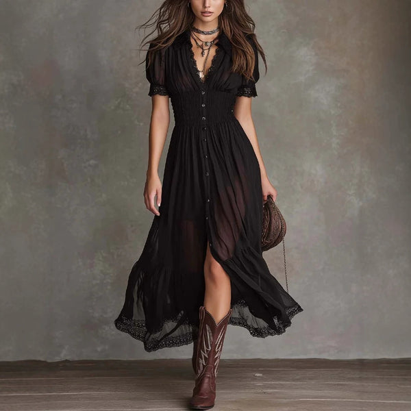Cropped V-Neck Shirt Dress with Ruffled Hem and Side Slit, Dark Chic Style, Body-Con Fit, Long Skirt
