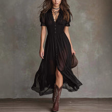 Cropped V-Neck Shirt Dress with Ruffled Hem and Side Slit, Dark Chic Style, Body-Con Fit, Long Skirt