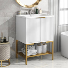 24 Inch White Bathroom Vanity with Ceramic Sink – 2 Door Cabinet & Open Shelf