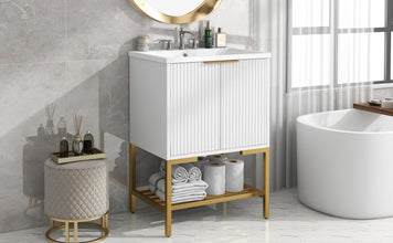 24 Inch White Bathroom Vanity with Ceramic Sink – 2 Door Cabinet & Open Shelf