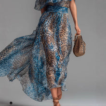 Leopard Print Chiffon Dress with Asymmetrical Shoulder, Ruffle, Waist Cinching, Vacation Long Dress