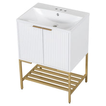 24 Inch White Bathroom Vanity with Ceramic Sink – 2 Door Cabinet & Open Shelf