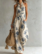 New halter backless jumpsuit, blue and white tie-dye wide-leg pants.