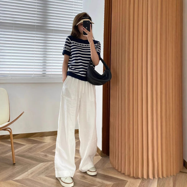 Witte Linnen Katoenen Dames Zomer Lichtgewicht Relaxte Losvallende Casual Rechte Pijpen Vloerlange Broek Wijde Pijpen Linnen Broek