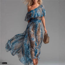Leopard Print Chiffon Dress with Asymmetrical Shoulder, Ruffle, Waist Cinching, Vacation Long Dress
