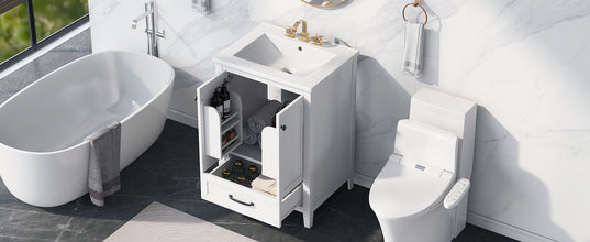 24 Inch White Bathroom Vanity with Ceramic Sink – 1 Drawer & Double Door Cabinet