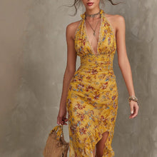 French Vintage Yellow Floral Halter Neck Dress.