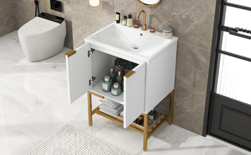 24 Inch White Bathroom Vanity with Ceramic Sink – 2 Door Cabinet & Open Shelf