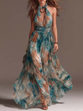 Hang Neck Backless Ink Print Vacation Style Casual Long Dress