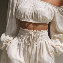 Shoulder long sleeved short top+high waisted casual shorts set.