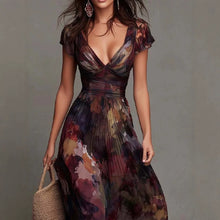 Elegant Deep V-Neck Painted Print Fitted Waist Flowy Chiffon Maxi Dress