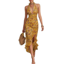 French Vintage Yellow Floral Halter Neck Dress.