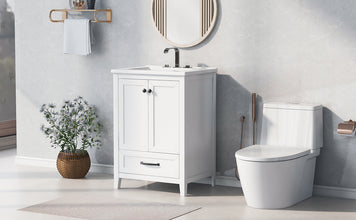24 Inch White Bathroom Vanity with Ceramic Sink – 1 Drawer & Double Door Cabinet
