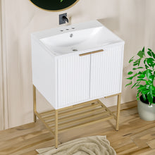 24 Inch White Bathroom Vanity with Ceramic Sink – 2 Door Cabinet & Open Shelf