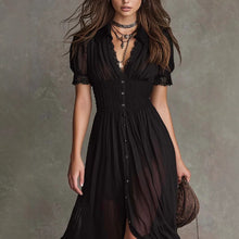 Cropped V-Neck Shirt Dress with Ruffled Hem and Side Slit, Dark Chic Style, Body-Con Fit, Long Skirt