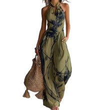 New halter backless jumpsuit, blue and white tie-dye wide-leg pants.