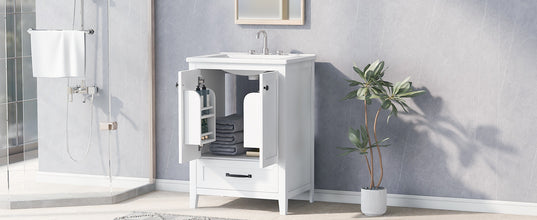 24 Inch White Bathroom Vanity with Ceramic Sink – 1 Drawer & Double Door Cabinet