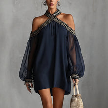 Fashion Design Embroidered Strapless Dress with Off-Shoulder Sheer Lantern Sleeve Loose Slimming Resort Style