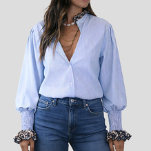 Women’s Leopard Print Lace Trim Striped Shirt – Casual Long Sleeve Cotton Blouse