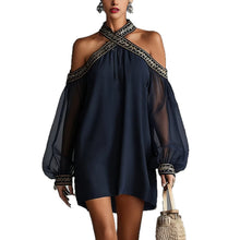 Fashion Design Embroidered Strapless Dress with Off-Shoulder Sheer Lantern Sleeve Loose Slimming Resort Style