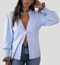 Women’s Leopard Print Lace Trim Striped Shirt – Casual Long Sleeve Cotton Blouse