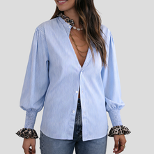 Women’s Leopard Print Lace Trim Striped Shirt – Casual Long Sleeve Cotton Blouse