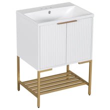 24 Inch White Bathroom Vanity with Ceramic Sink – 2 Door Cabinet & Open Shelf