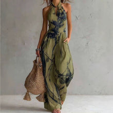 New halter backless jumpsuit, blue and white tie-dye wide-leg pants.