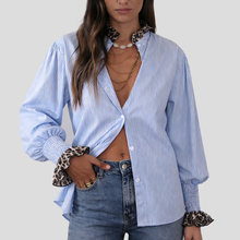 Women’s Leopard Print Lace Trim Striped Shirt – Casual Long Sleeve Cotton Blouse