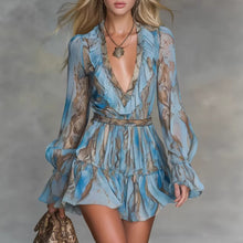 Bohemian Snake Print Long Sleeve V-Neck Ruffle Hem Fitted Sheath Dress