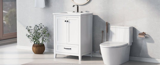 24 Inch White Bathroom Vanity with Ceramic Sink – 1 Drawer & Double Door Cabinet