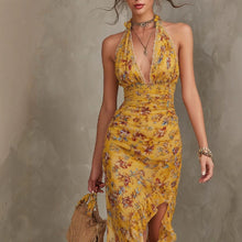 French Vintage Yellow Floral Halter Neck Dress.