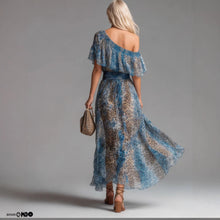 Leopard Print Chiffon Dress with Asymmetrical Shoulder, Ruffle, Waist Cinching, Vacation Long Dress
