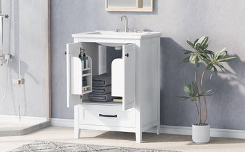 24 Inch White Bathroom Vanity with Ceramic Sink – 1 Drawer & Double Door Cabinet